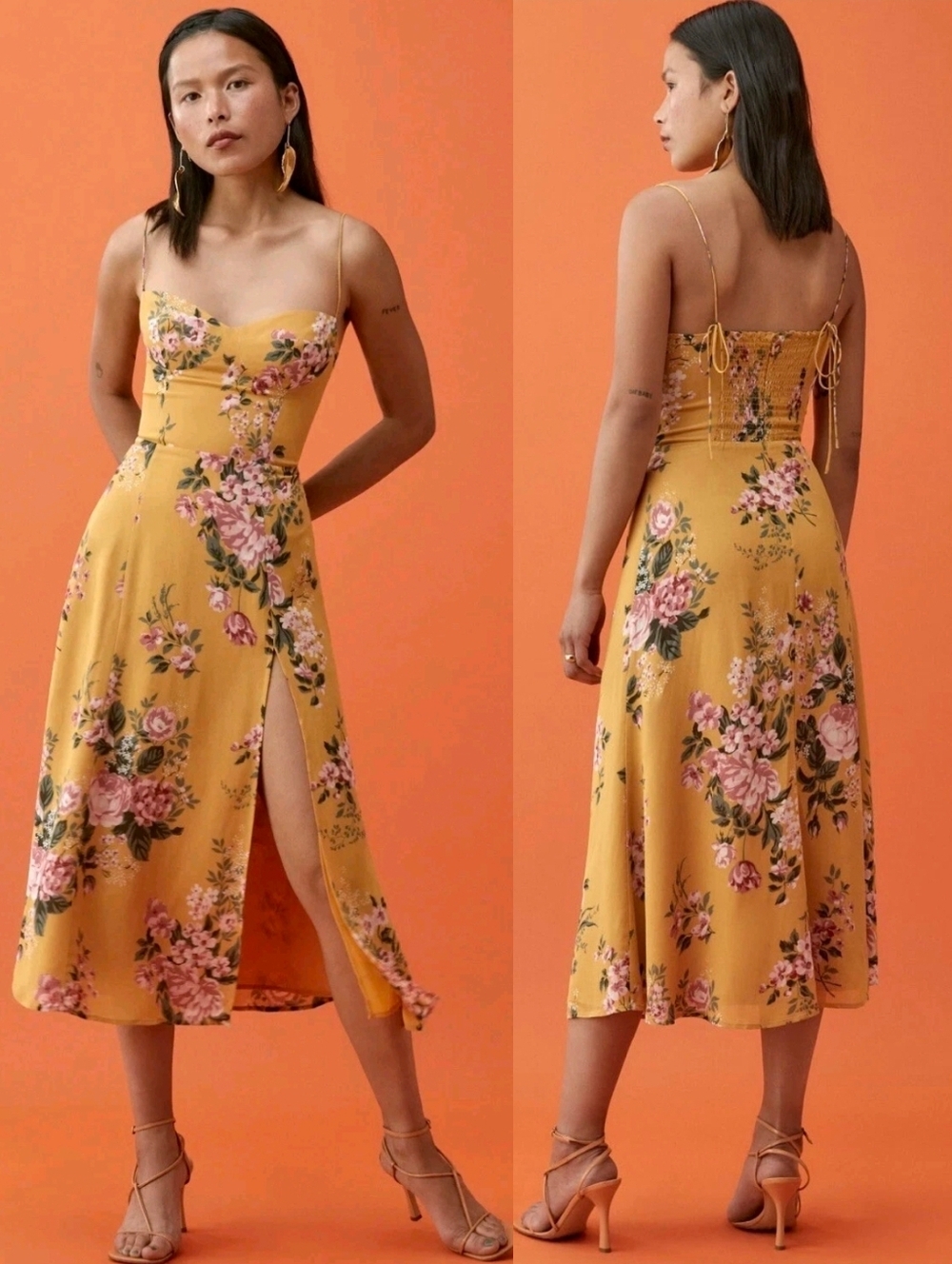 Reformation Yellow Juliette Angelica Floral Heartline Slip Midi Dress